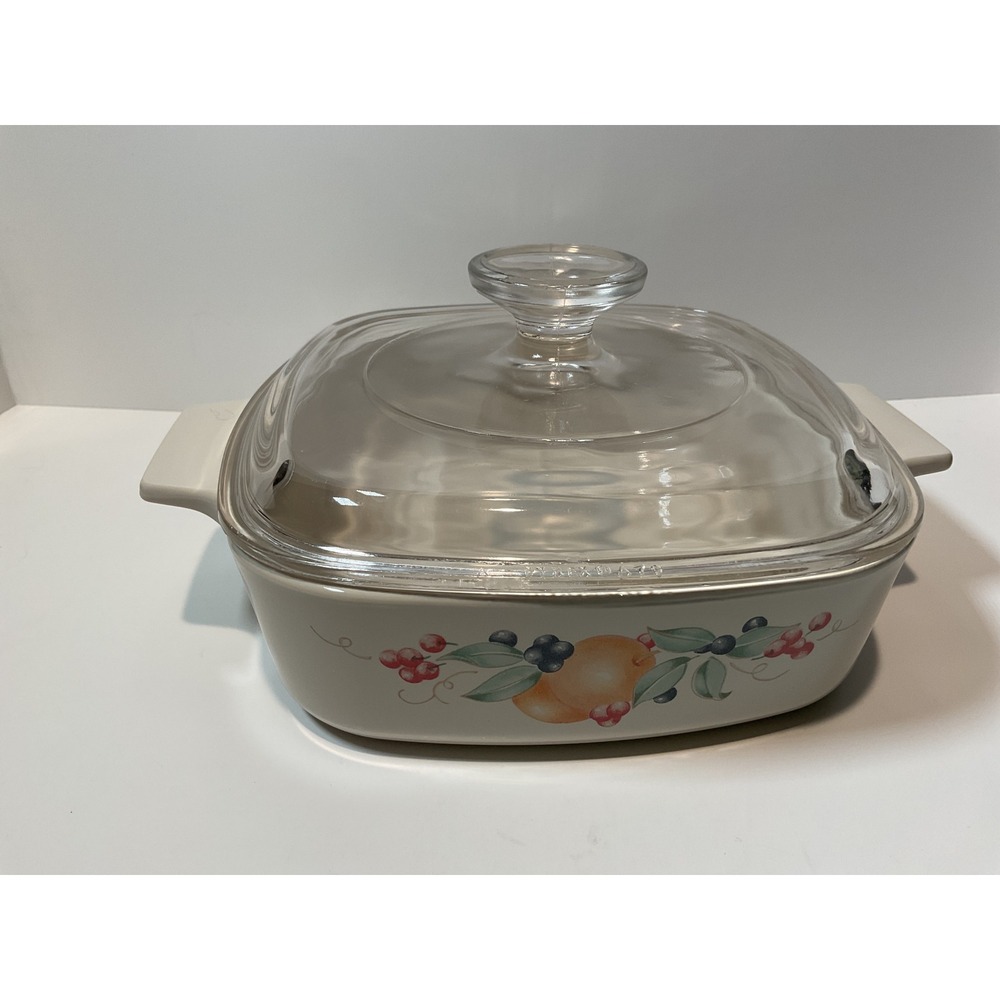 Corning Ware‎ Casserole Dish Square Fruit Design Pyrex Glass Lid A1B11 USA